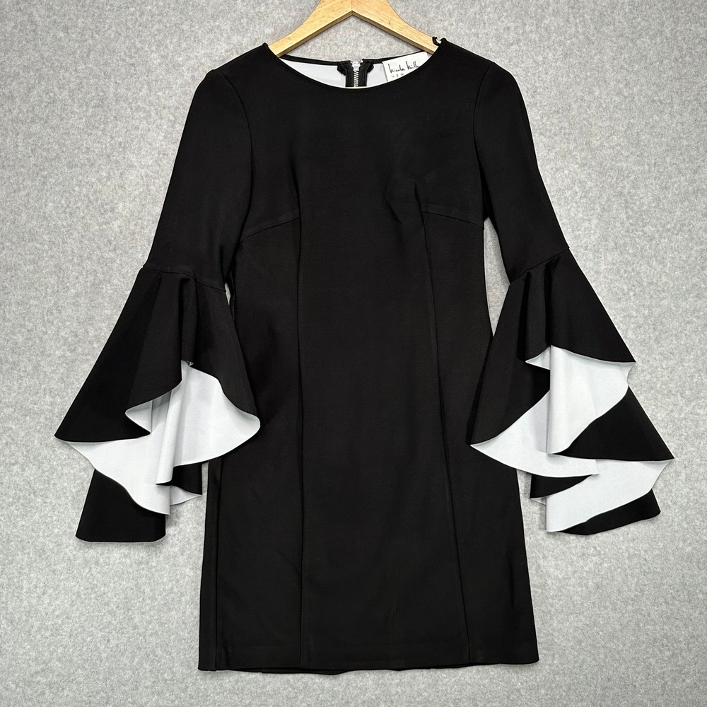 Nicole Miller New York Sheath Dress Black White Tiered Bell Sleeve Women Size 2